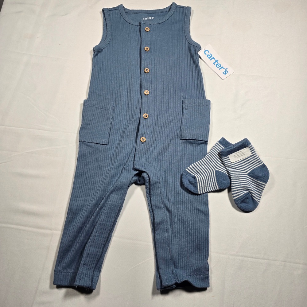 Carters‎ 9Mo Baby boy Ribbed Jumpsuit Romper and Socks Set Blue NWT